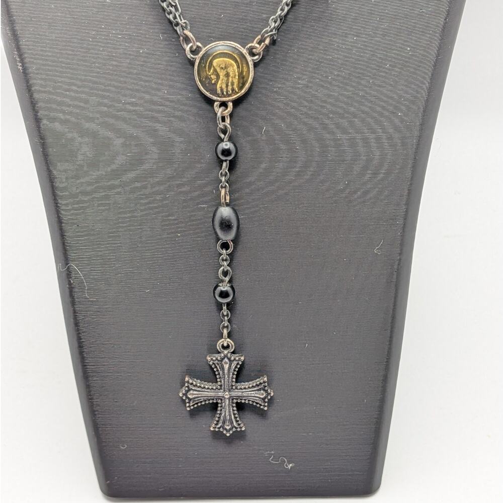 GUESS Vintage Black Beaded Necklace Gothic Cross Y2K Pendant Signed Jewelry